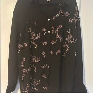 Floral Embroidered Black Button Down Shirt